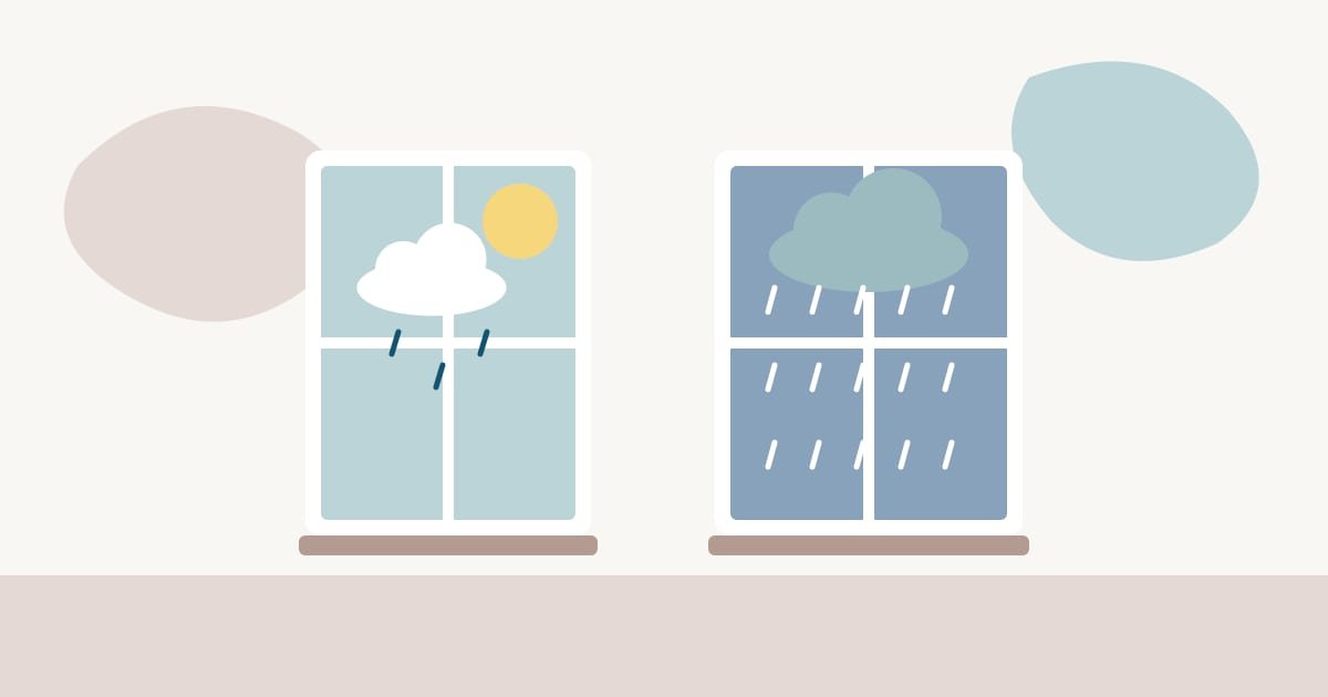 Dos ventanas: en una, una nube pequeña con lluvia ligera y el sol asomando; en la otra, un cielo gris cubierto con lluvia constante