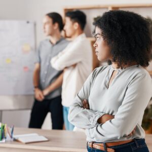 Angry and frustrated black woman in business meeting team presentation for creative web advertising